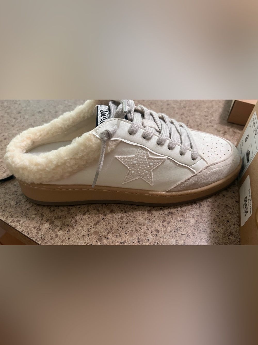 Cream Faux-Shearling Star Detail Lace-Up Sneaker